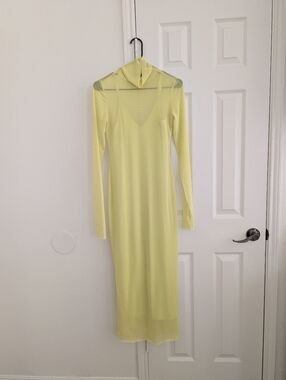 AFRM Pale Yellow Long Sleeve Sheer Midi Dress